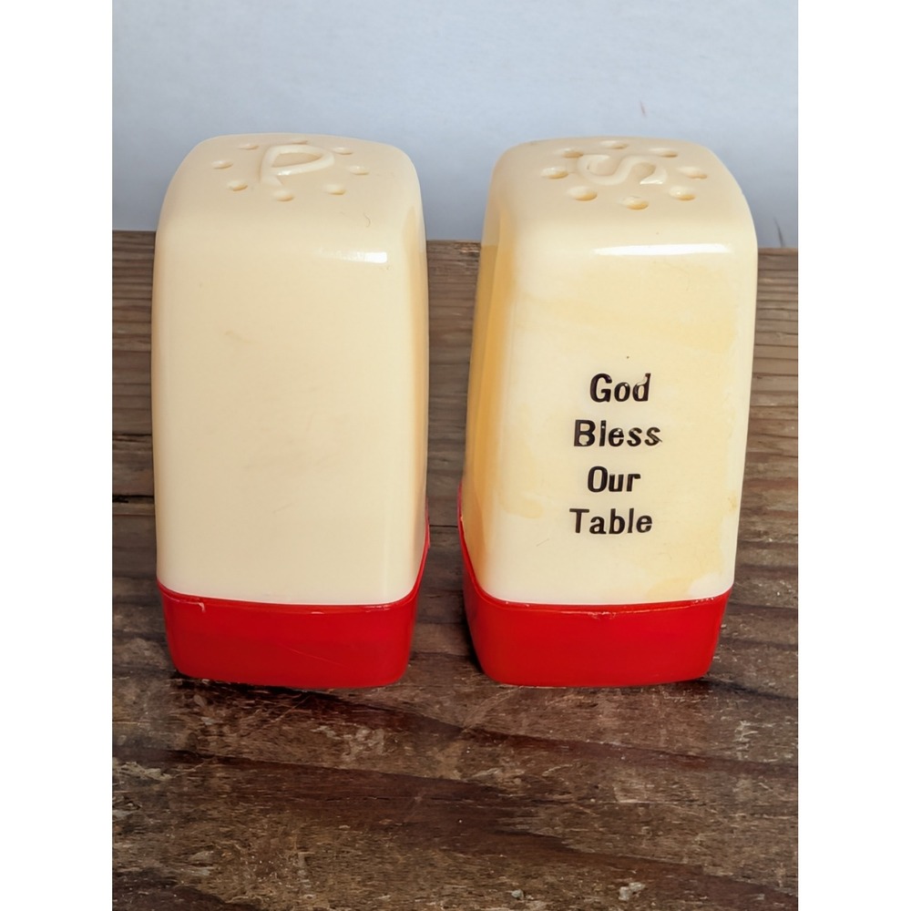Vintage Plastic Salt & Pepper Shakers Red Base Ivory "God Bless Our Table"